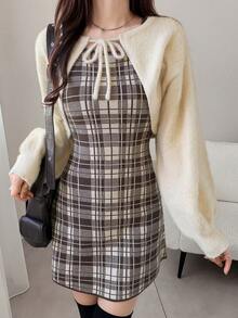 FRIFUL 2pcs Set: Plaid Cinched Waist Fitted Mini Dress & Lantern Sleeve Casual Pullover Sweater - Apricot - View 3