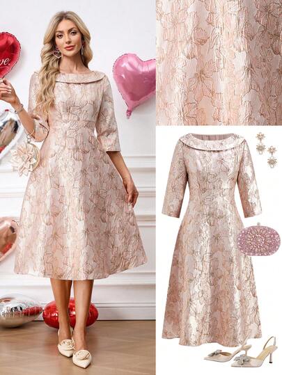 Ellevyn Vestido elegante de línea A de jacquard rosa, adecuado para el Día de San Valentín