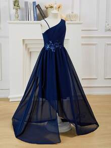 女童简约单肩缎面不对称下摆前短后长腰珠饰花卉连衣裙，适合婚礼、舞会、生日派对、宴会、花童等场合 - 綠色 - 查看 4