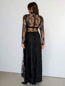 SHEIN Tall 2025 Thích hợp cho nhiệt độ 5-15°C, Có thể mặc nhiều lớp, Phong cách đô thị hiện đại, Vải ren đen, Dáng ôm eo, Đầm dài nữ, Thanh lịch & Đa năng cho trang phục hàng ngày, Đầm dự tiệc mùa xuân hè mới, Trang phục ren xuyên thấu cho nữ - màu đen - Xem 3