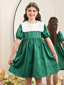 SHEIN Vestido Elegante com Gola Colorblock, Decoração de Pérolas e Manga Pétala para Menina Pré-Adolescente - Verde - Visão 4