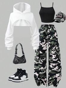 SHEIN Girlism Tween Girl Casual Cropped Textured Long Sleeve Sweatshirt For Everyday Wear,In Fall/Winter, Streetwear - White - View 5