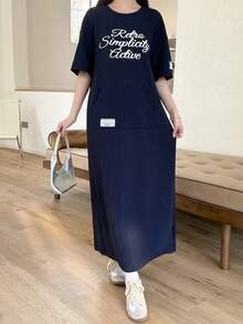 SHEIN Teen Girls' Knitted Navy Blue Short Sleeve Letter Print Patch Pocket Loose Long Casual Minimalist Dress - Royal Blue - View 2