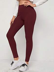 SHEIN EZwear 女士新款纯色高腰针织打底裤 - 酒紅色 - 查看 3