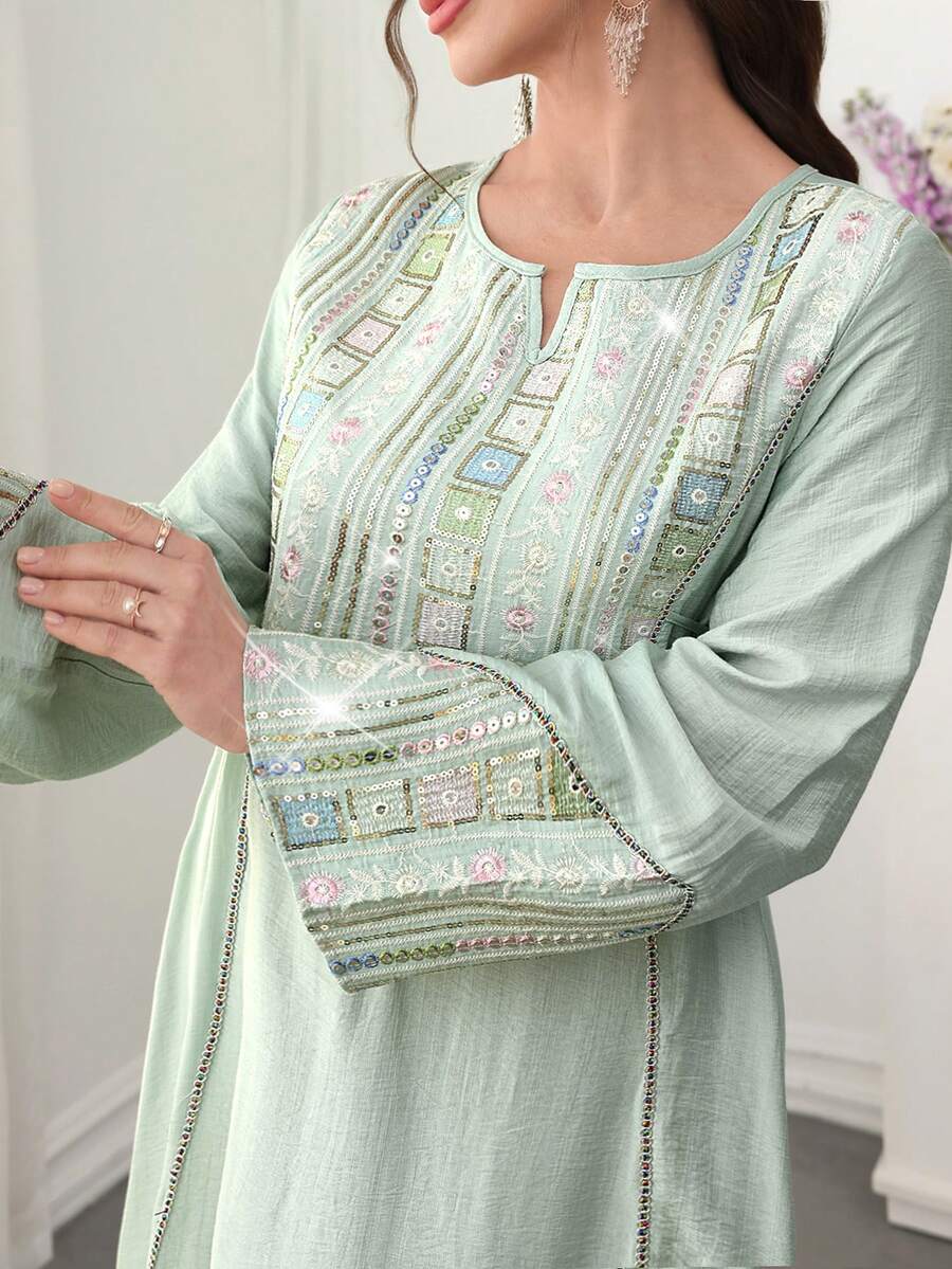 Al Najma Đầm xòe kiểu Ả Rập, cổ tròn, tay chuông, viền xòe rộng, thêu và đính sequin nhiều màu sắc. - màu xanh lá - Xem 1