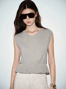 Lumivelle Deep V-Neck Sleeveless Sweater With Buttons On The Back, Spring/Summer - Grey - View 4