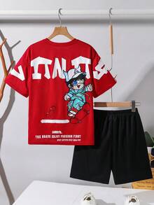 SHEIN Little Byeori 2pcs/Set Kids/Tween Boys Red And Black Graphic Print Loose Fit Round Neck Short Sleeve Knit T-Shirt And Shorts Set,Summer Streetwear City Break Style - Red - View 6