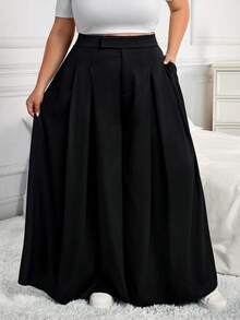 SHEIN CURVE+ CURVE PLUS /情人节/大码女式褶皱宽松裤，春夏款 - 黑色 - 查看 3