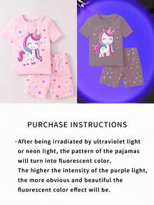 Set de 2 piezas de pijama con estampado de unicornio de ajuste ceñido con pantalones cortos de manga corta para niñas jóvenes, color marino - Rosa Pálido - Ver 4