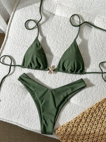 Swim Mod Women's Solid Color Spaghetti Strap Metal Decor Sexy Bikini Set, Summer