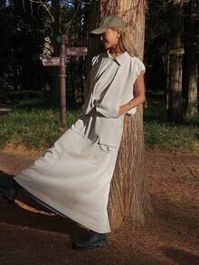 Livesso 女士休闲宽松外套，翻领设计，腰部抽绳，配有大口袋，搭配直筒半身裙，两件套，适合春夏穿着。 - 卡其色 - 查看 7