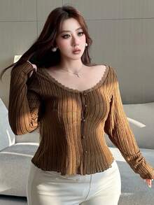 Dazy Plus Contrast Lace Tight Crew Neck Short Sleeve T-Shirt, Vacation Style, Spring/Summer - Brown - View 7