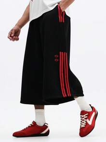 SUMWON 超大款阔腿牛仔短裤，侧边条纹细节，休闲夏季篮球短裤 - 黑色 - 查看 4