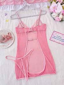 SHEIN 2pcs Mesh Contrast Lace Lingerie Set With Underwire For Women - Pink - View 3
