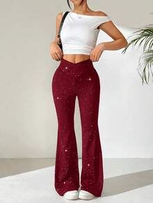 SHEIN EZwear Women's Fashion Criss-Cross Waist Shiny Flare Pants - Burgundy - View 7