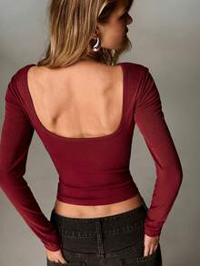 Nuvra Women's Knitted Black Backless Padded Bra 2-In-1 Long Sleeve Sexy Backless Versatile Round Neck T-Shirt Top, Autumn/Winter - Burgundy - View 1