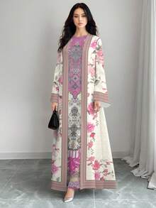SHEIN Najma 女士优雅花卉数码印花圆领长款连衣裙和长款开衫两件套，春夏休闲装 - 彩色 - 查看 1