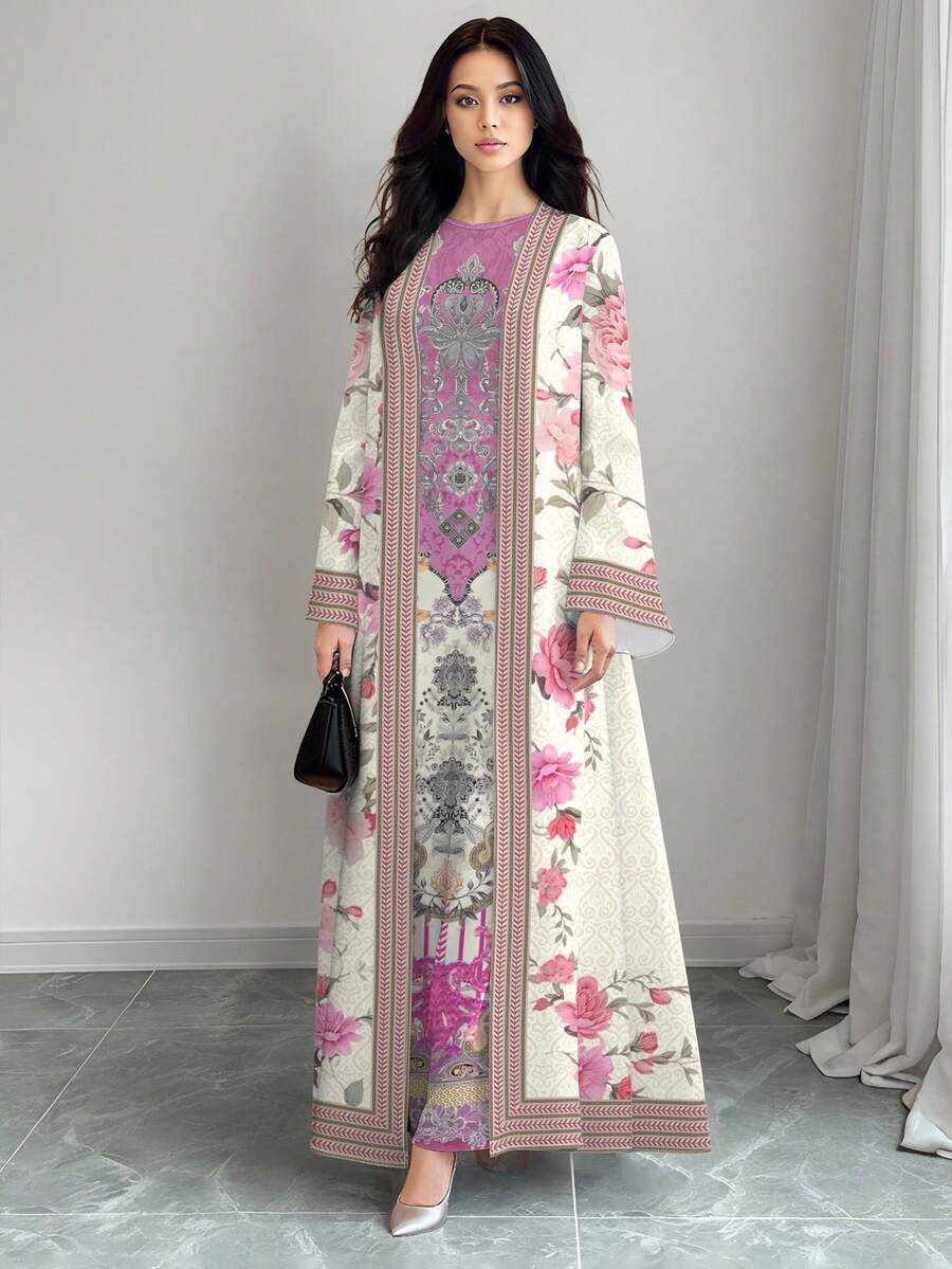 SHEIN Najma 女士优雅花卉数码印花圆领长款连衣裙和长款开衫两件套，春夏休闲装 - 彩色 - 查看 1