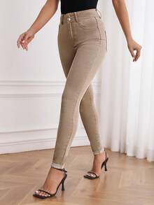 SHEIN PETITE Quần jeans nữ cạp cao, có túi, dáng ôm, thoải mái, đa năng. - Màu Khaki - Xem 5