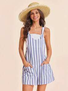 Coeurva 女士春夏度假装扮，女士休闲条纹印花无袖连体裤，带口袋，适合春夏通勤；女士夏季沙滩度假无肩带宽松白蓝条纹双口袋V领短款连体裤；女士夏季优雅装扮；柔软舒适面料连体裤，带口袋；女士夏季连体裤；女士短款套装；女士度假连体裤；女士背带裤 - 藍白色 - 查看 6