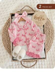 طقم بيجامة طويلة الأكمام للرضع البنات الصغيرات، بتصميم كاجوال محبوك بألوان متباينة وفيونكة - متعدد الألوان - مشاهدة 8