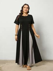 EMERY ROSE Plus Size Knit Patchwork Loose Long Dress - Multicolor - View 4
