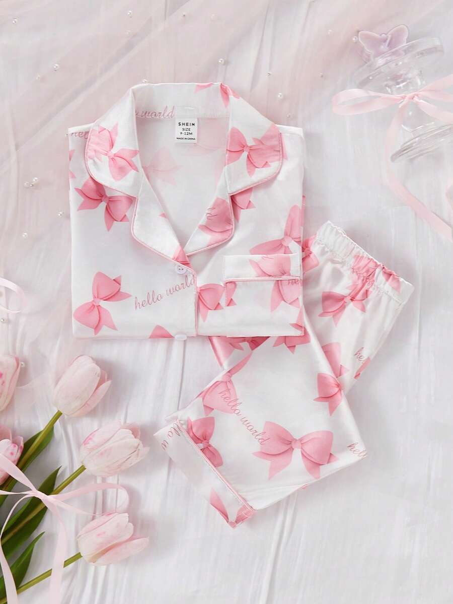 2pcs/Set Toddler Girls' Light Pink Taffeta Bow & Ribbon Print Short Sleeve Cardigan And Pants Casual Pajamas - White - View 1