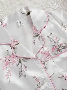 两件套女童优雅白色碎花印花翻领开衫和休闲裤舒适家居服