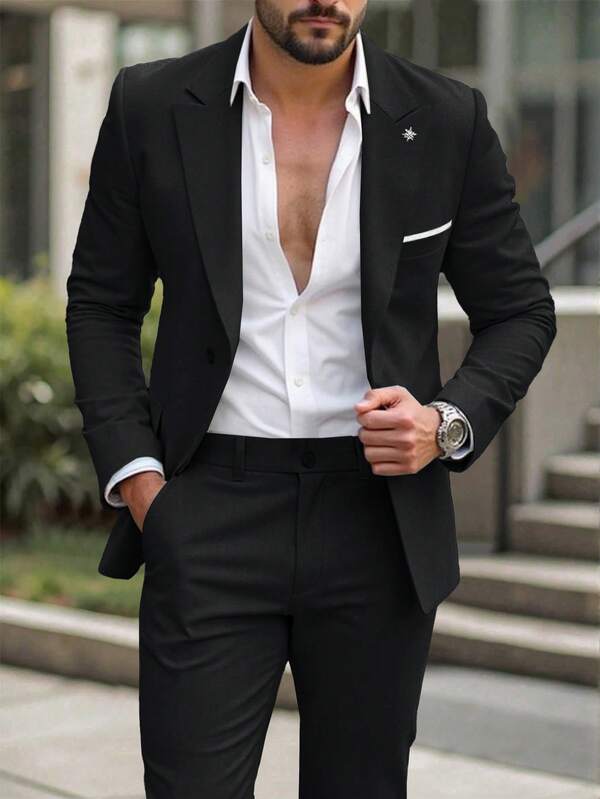 Manfinity Mode Chaqueta y pantalones de traje de negocios casuales de solapa entallada para hombres, con diseño de solapa que agrega talla grande estilo y capas, adecuado para el transporte diario, los negocios, las fiestas y los banquetes. Este conjunto de traje es un artículo versátil e indispensable en el guardarropa de los hombres, y un gran regalo para novios o esposos