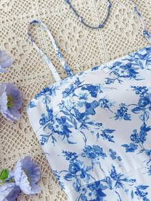 SHEIN 少女蓝色碎花无袖休闲荷叶边短款飘逸A字度假连衣裙，夏季服装，沙滩，假日，太阳裙，波西米亚风，海滩度假装扮 - 藍色 - 查看 3