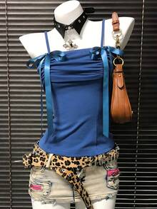 INAWLY Women's Casual Slim-Fit Camisole Top With Bow - Blue - View 4