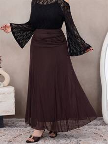 Modelyn 大码女式优雅休闲不对称网纱裙 - 咖啡棕 - 查看 5