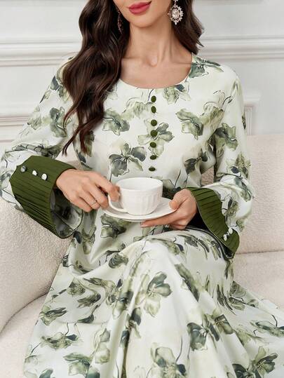 Al Najma 女士印花拼接袖阿拉伯风格连衣裙，端庄优雅，适合日常场合和聚会。