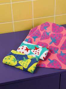 Joivida 1pc Super Absorbent Large Rectangular Face Towel And Bath Towel, With Strawberry, Lime, And Watermelon Patterns (Pink, Green, Green) - Thick Hanging Hand Towel, Dishwasher Towel, Cute Fruit Pattern, Household Absorbent Cloth With A Gauze Like Texture, Suitable For Sensitive Skin