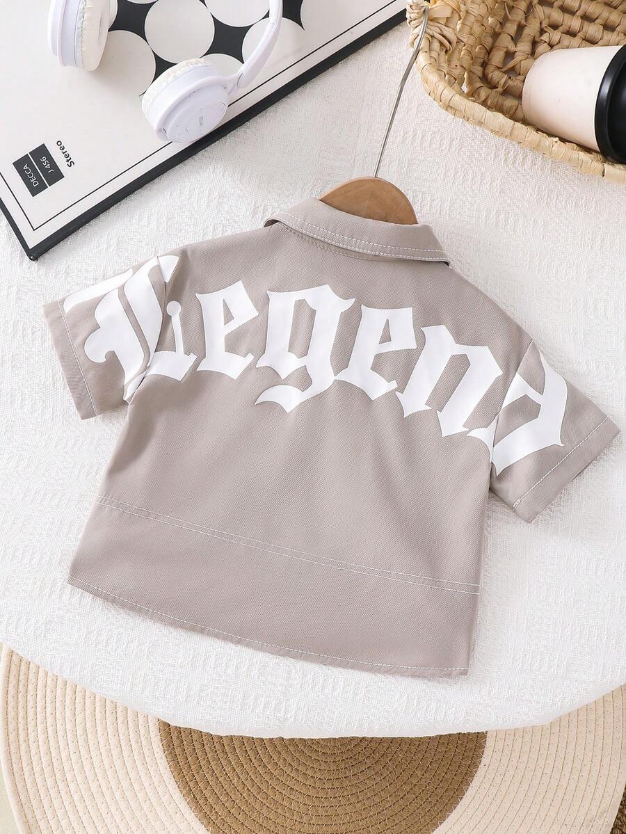 SHEIN 舒适休闲百搭字母印花黑色短袖梭织衬衫,工作服风格,适合室内、室外、日常、运动、玩耍、聚会、拍照、度假、春夏穿着,男女宝宝皆宜 - 卡其色 - 查看 1