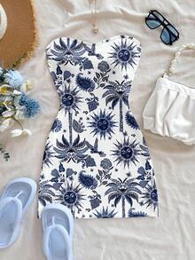 Soleia 蓝色太阳神和棕榈树图案印花迷你连衣裙，休闲度假风，适合春夏、度假、海岛穿着。 - 彩色 - 查看 4