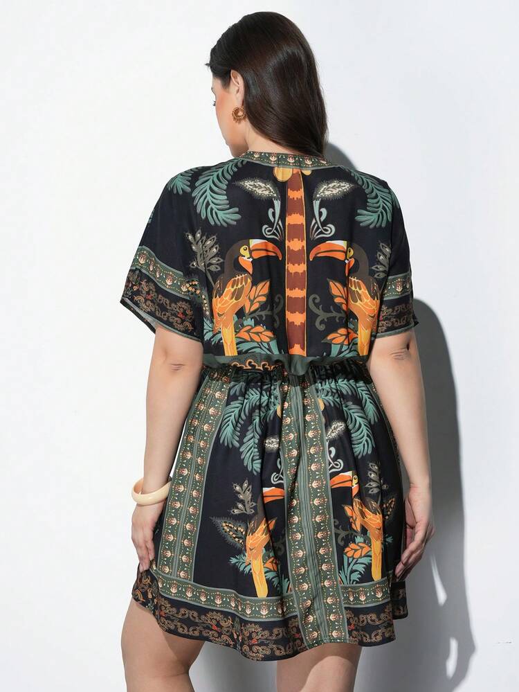 SHEIN Maija Plus Size Tropical Print Casual Vacation Dress Tie Front Dress Boho Dress For Women Resort Dress Kimono Dress Resort Wear Women  St Patrick's Day Women Easter Summer Outfits Easter Dress Women Party Top Beach Dress Summer Holiday Outfits Each Vacation Outfits For Women  Summer Outfit For Women Going Out Outfits Graduation Graduation Outfit  Casual Dresses  Casual Blouses For Women, Summer Dresses
