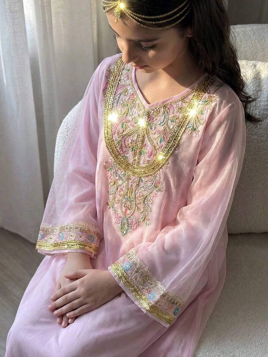 少女中东风亮片连衣裙搭配网纱套头外套套装，可爱粉色优雅派对装扮 - 粉色 - 查看 1