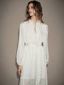 Lumivelle Women's Spring/Summer Fashion Long Sleeve Ruffle Collar Cinched Waist Waist Polka Dot Dress
