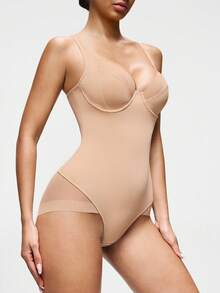 SHAPORA 女士纯色网眼拼接吊带背心 - 杏色 - 查看 4