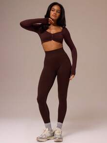 Musera Sport Áo bra thể thao tay dài, nhún bèo phía trước, thích hợp cho tập luyện thể dục, tập gym, pilates, thể hình, mặc hàng ngày. - Màu nâu Sô-cô-la - Xem 5