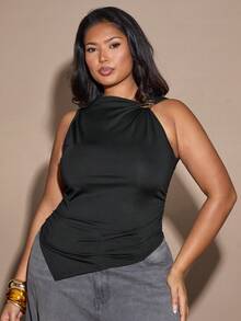SHEIN BAE Plus Size Women's Black Asymmetrical Shoulder Irregular Hem Sleeveless T-Shirt,Elegant,Formal,Autumn Evening Night Party,Casual Versatile Solid Top - Multicolor - View 2