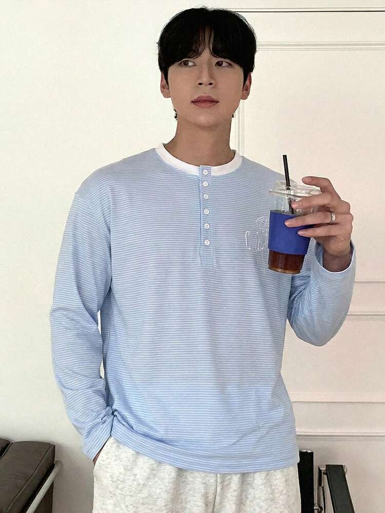 Men's Spring Patchwork Collar Blue & White 2 In 1 Letter Embroidery T-Shirt