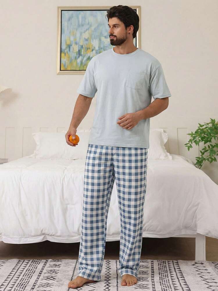 Men's Solid Color Short Sleeve T-Shirt And Pants Pajama Set, Spring/Summer