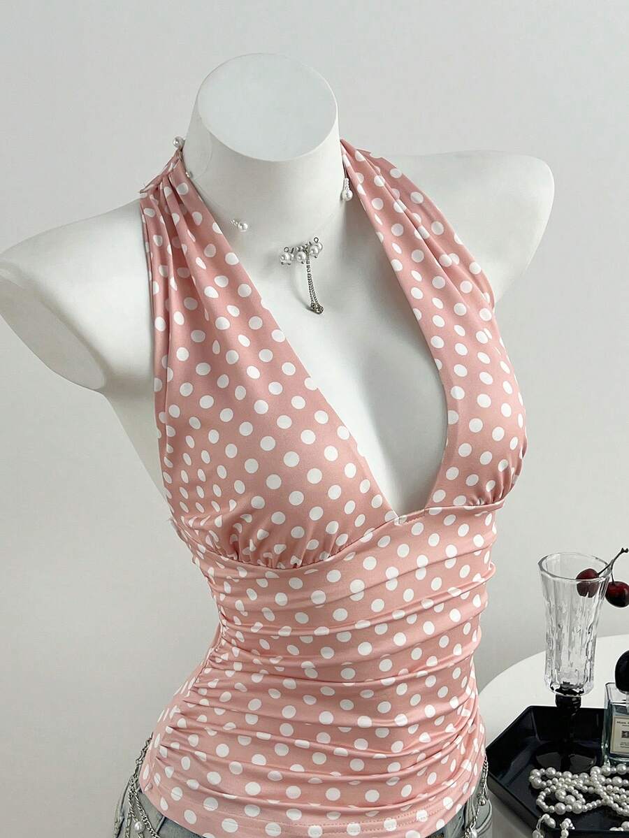 Elamini 女士简约浪漫情人节粉色波点露背褶皱修身吊带衫 - 粉色 - 查看 1