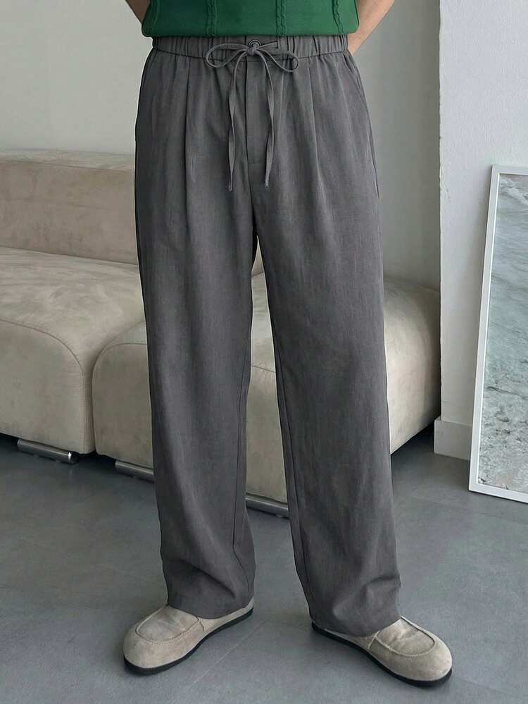 Men's Grey Drawstring Waist Slim Fit Pants, Spring