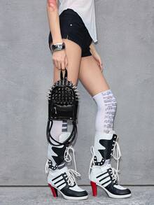 ROMWE Grunge Punk Niche Design Rivet Tassel Pleated Dual Shoulder Bag, Punk Street Style - Black - View 5