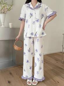 SHEIN 青少年女孩花卉印花對比色荷葉領睡衣套裝 夏季 - 淡紫色 - 查看 3
