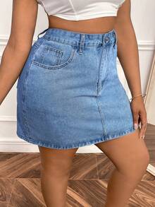 SHEIN CURVE+ 大码纯色休闲牛仔迷你裙 - 藍色 - 查看 6