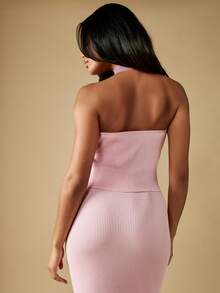 MISSGUIDED Ribbed Knit Halterneck Scarf Top With Rose Details And Cutout Design For Spring Summer Fashion - Pink - View 2